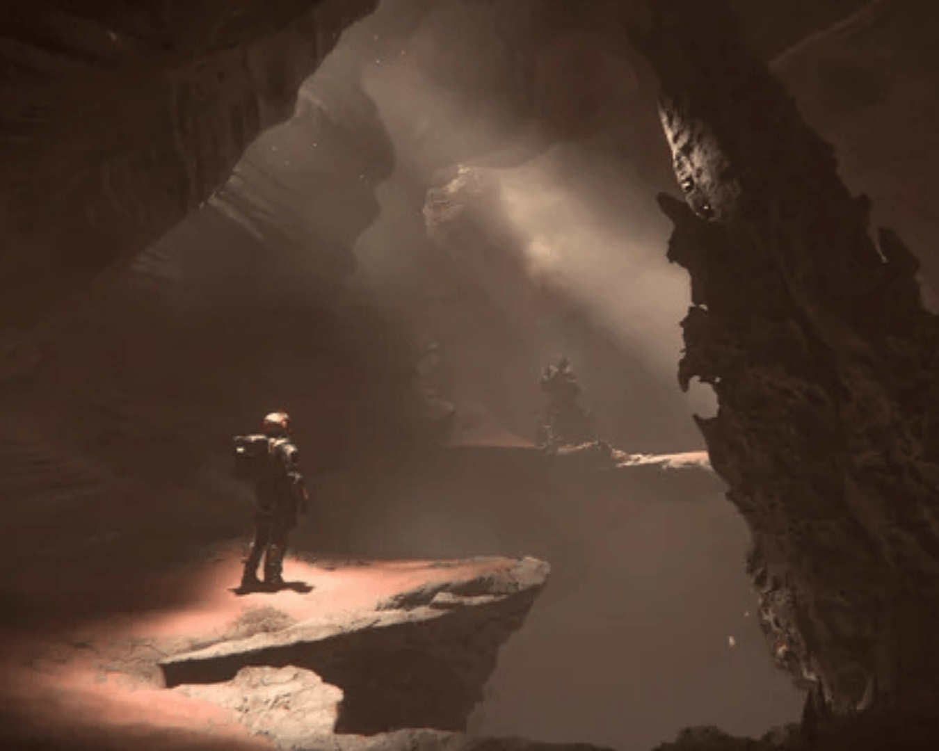 a photo of an explorer in the deep caves of Daymar a moon of crusader.