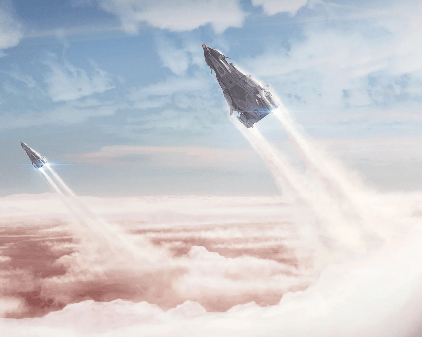 A photo of two polaris light capital ships piercing through the gas clouds of the planet Crusader taking flight to space