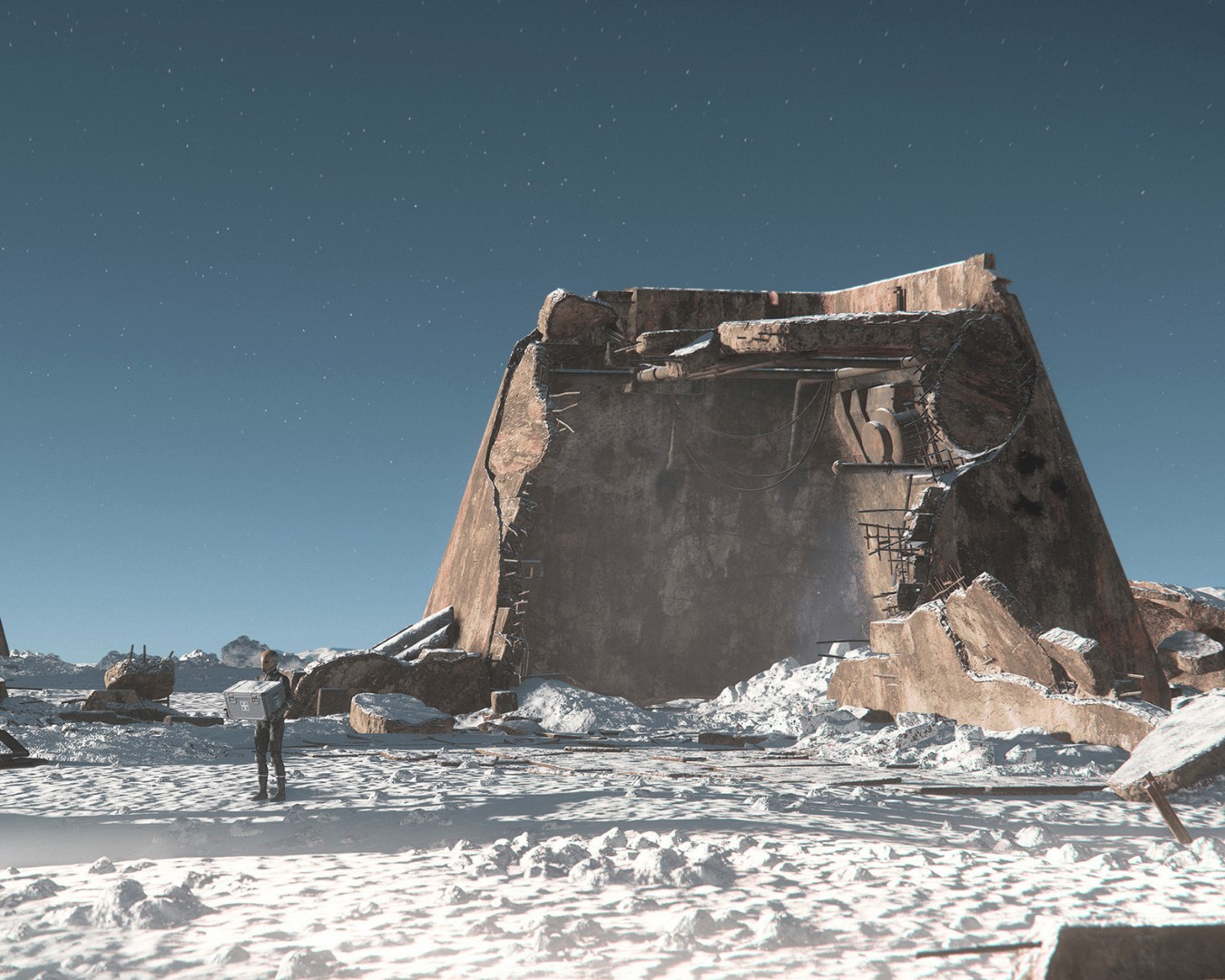 a relic of times past from the rebel wars on the planet microtech a half destroyed bunker being used by two individuals as a place of trade.