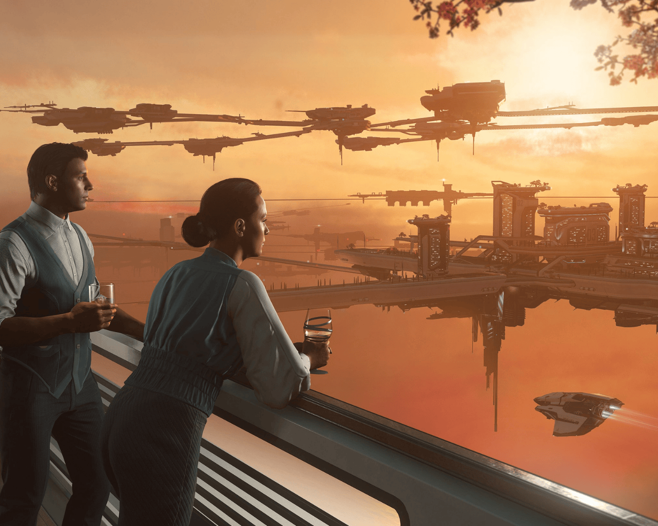 A photo of the city of Orrison which is a floating platform on the planet crusader the photo shows people having drinks looking out over a balcony. 