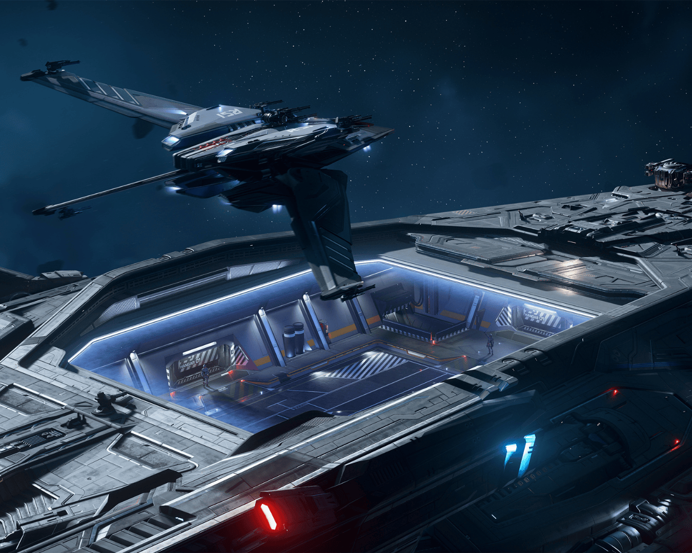 A scorpius heavy fighter flying over the hanger bay of a polaris capital ship
