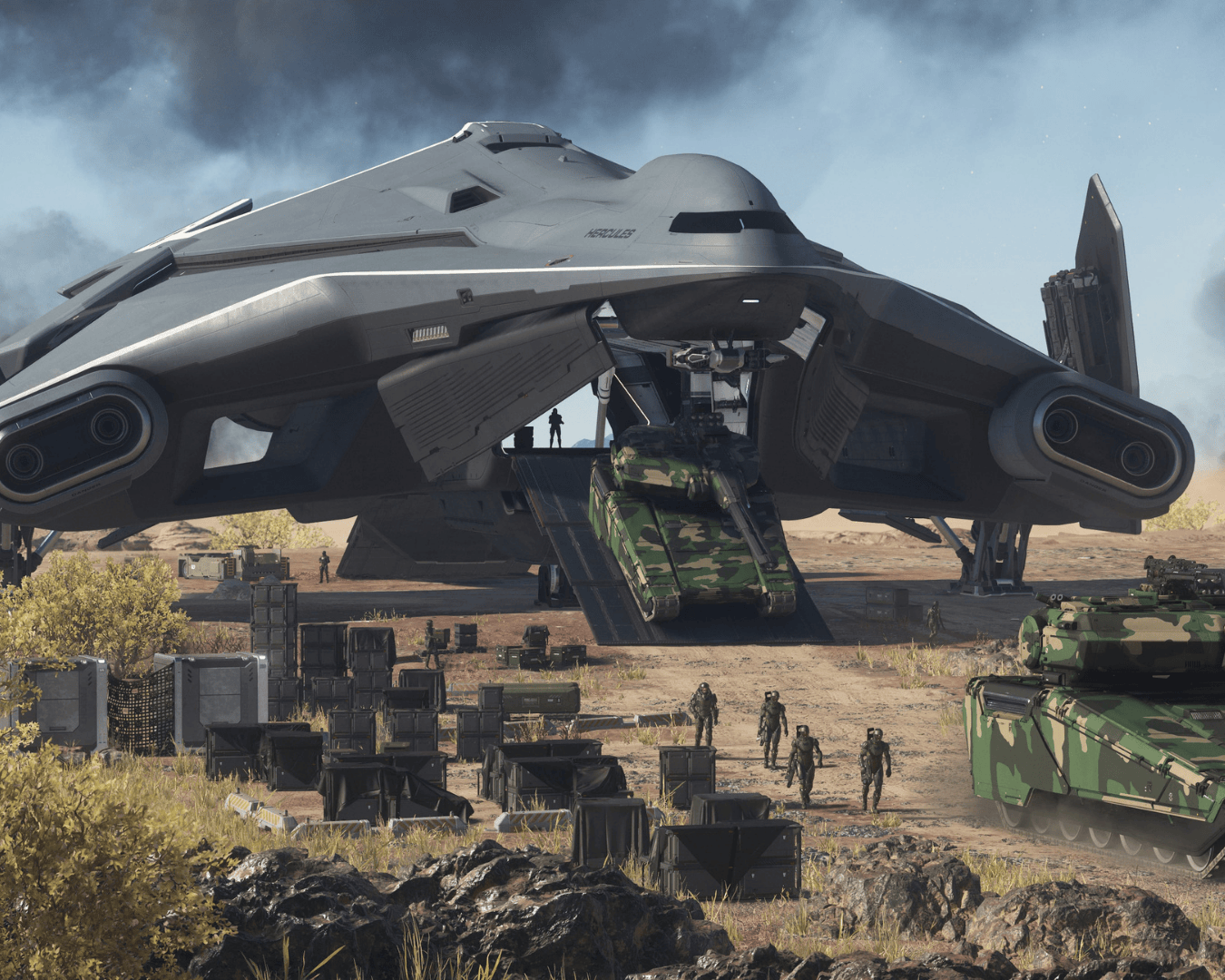 a c2 cargo ship dropping off supply and military vehicles to an active combat zone.